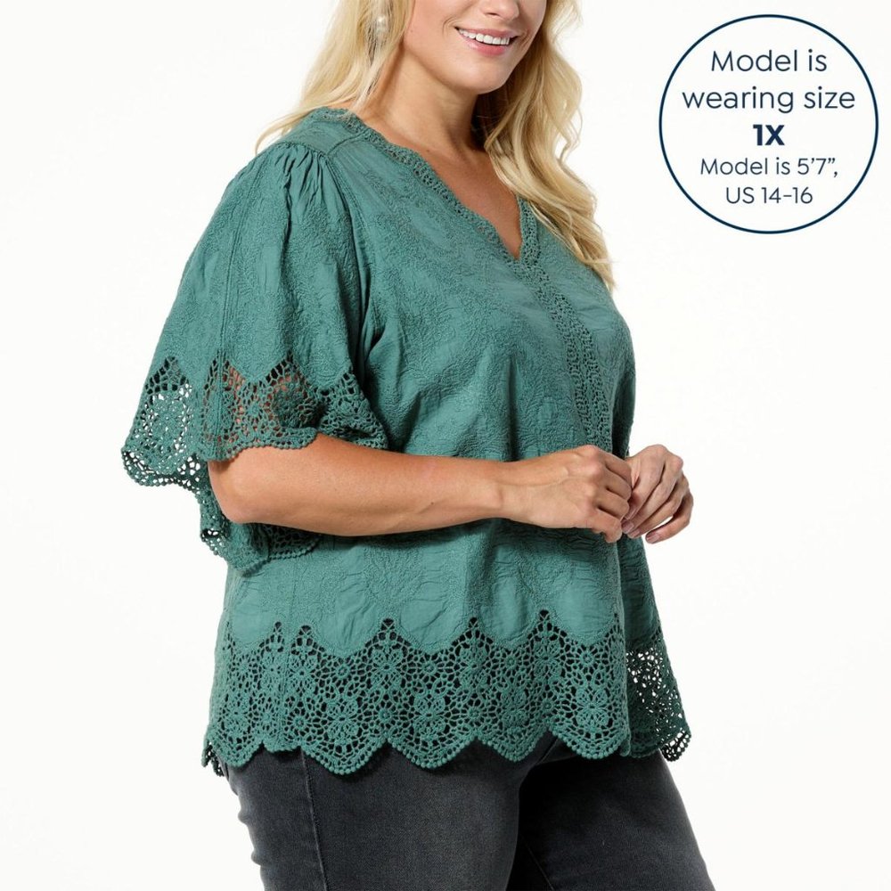Democracy Woven Cotton Crochet Trim Peplum Top